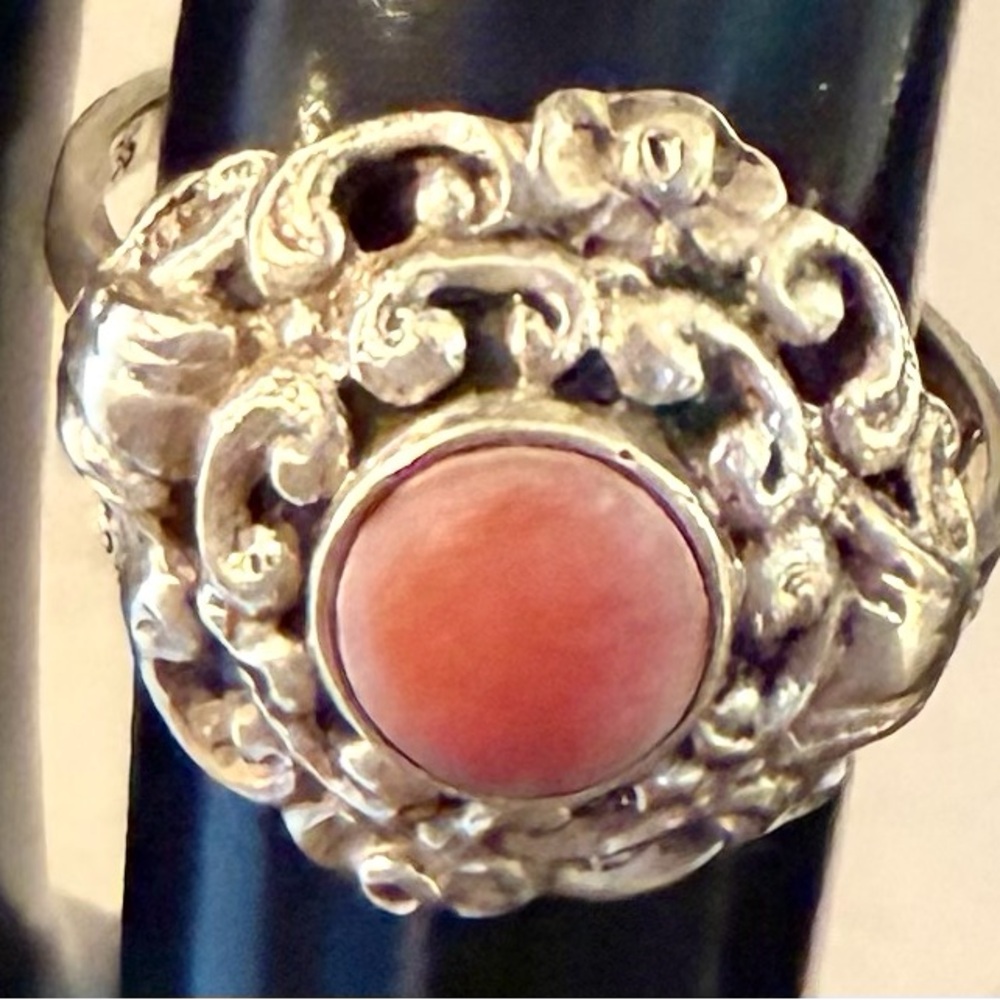 Sterling Silver Coral Cabochon Statement Ring - Pink Coral, Sz 7 1/2